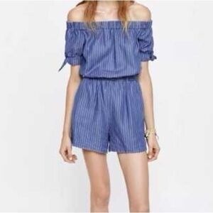 Zara blue denim striped off-the-shoulder romper with an elasticated waist
